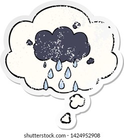 cartoon cloud raining with thought bubble as a distressed worn sticker