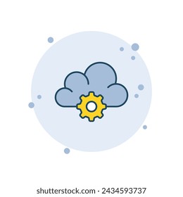 Ilustración vectorial del icono del servicio de la nube de dibujos animados. Nube con equipo sobre fondo de burbujas. Concepto de señal de almacenamiento en la nube.