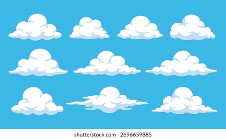 Conjunto de nubes de dibujos animados: Colección de Vector de nubes blancas lindas sobre fondo azul