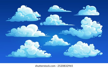 Filme de animação em nuvem. Coleção de nuvens cumulus fofas isoladas no fundo do céu azul. Ilustração vetorial plana de elementos de paisagem em nuvem para design de banner, folhetos, capas e sites. Dia nublado.