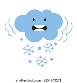 Cartoon cloud shivers from the cold and pours snow, kawaii style, flat style.