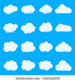 Cartoon cloud of sky on blue background.Graphic heaven in vintage style.Flat collection of blue cloud. Set icons of cloud shape. vector illustration