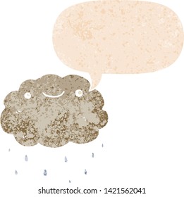 cartoon cloud with speech bubble in grunge distressed retro textured style