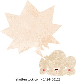 cartoon cloud with speech bubble in grunge distressed retro textured style