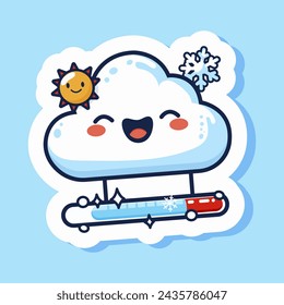 Cartoon cloud sticker icon holding thermometer, snowy symbol, funny cute design, bubble element, winter frost forecast climate, heaven character. Isolated on blue background. Vector illustration