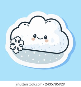 Cartoon cloud sticker icon, snowy symbol, funny cute design, bubble element, winter frost forecast climate, heaven character. Isolated on blue background. Vector illustration