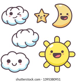 Cartoon cloud, sun, star and moon with cute emotions vector characters isolated on a white background.
