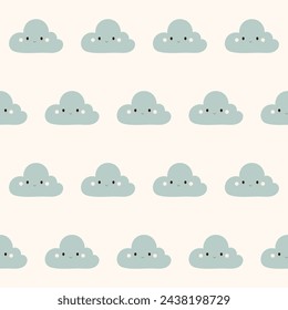 Cartoon Cloud Symbol Seamless Pattern. Simple Cloud Silhouette Textile Swatch. Baby Fabric Print Design. Simple Cloud Seamless Wrapping Paper, Wallpaper Print Design. 