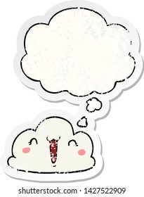 Cartoon-Wolke mit Denkblase als bedrückter abgenutzter Aufkleber