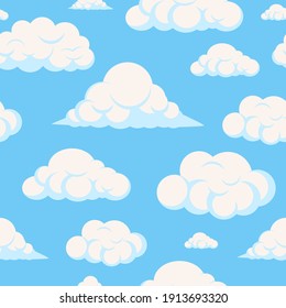 Cartoon cloud vector seamless pattern on a blue background.