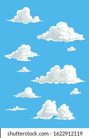 Cartoon cloud vector set. Blue sky with white clouds