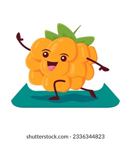 Cartoon cloudberry character engaging in yoga or fitness exercises. Isolated vector whimsical berry, playful organic food personage in yogi pose on mat, endorsing lifestyle of health and wellness