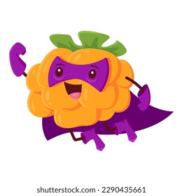 Cartoon cloudberry superhero defender character. Vector funny berry in purple cape and mask flying with raised fist. Brave plant super hero, vitamin fruit in cloak, fairytale healthy food personage