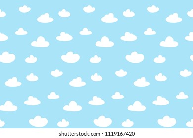 Cartoon clouds background blue sky seamless pattern. Vector illustration.