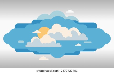 Cartoon Wolken Hintergrund, Himmel und Wolken, Schöner Hintergrund. Stilvolles Design mit einer Wohnung, Cartoon-Poster, Flyer, Postkarten, Web-Banner. Ferien-Stimmung, luftig.
