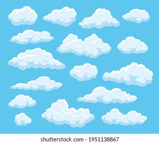 Cartoon clouds. Blue cloudy sky with white floating fluffy cloud shapes. 2d game, atmospheric vector isolated elements. Good weather, bright heaven and beautiful cloudscape outdoor