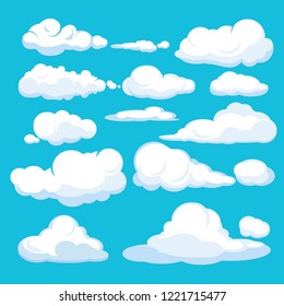 Cartoon clouds. Blue sky aerial cloudscape blue clouds different forms and shapes vector illustrations. White cloud fluffy in air sky, different cloudscape soar