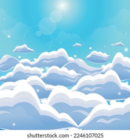 Сute cartoon clouds in the blue sky. Landscape background design. Vector illustration.