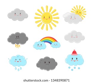 Cartoon clouds characters. Funny characters clouds and sun for weather forecasting. Cute weather concept.