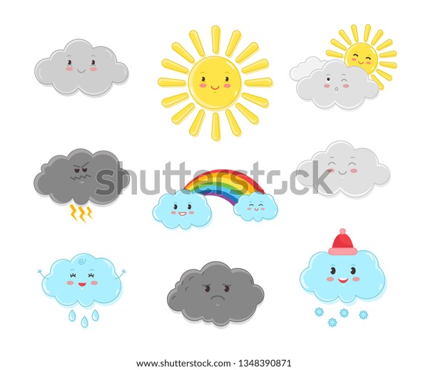 漫画の雲のキャラクター 天気予報の面白いキャラクターが雲と太陽 かわいい天気のコンセプト のベクター画像素材 ロイヤリティフリー 1348390871