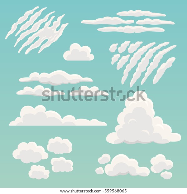 Cartoon clouds collection. Vector\
illustration of different types and shapes of clouds, such as\
cirrus, cumulus, stratus, cirrostratus. Isolated on\
background.