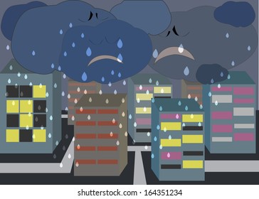 Cartoon clouds crying over the city