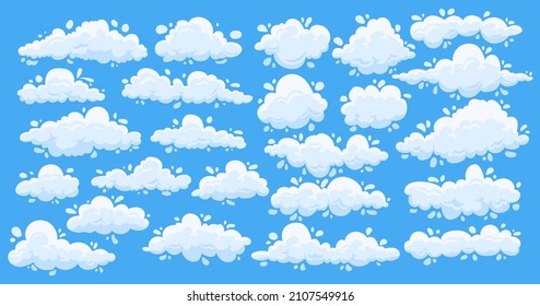 Cartoon-Wolken. Schlichte Sommerwolken auf blauem Himmel, flache weiße Spielelemente. Vektorset