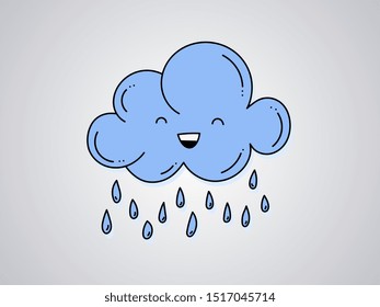 Cartoon clouds dropping rain white background. Doodle hand drawn