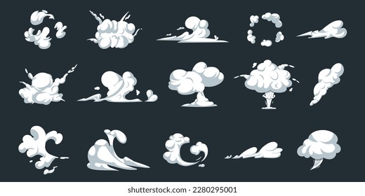 Cartoon clouds, dust smoke, wind stream. Comic effect of explosion, fire puff, elements of trail and movement. Dust and mist isolated design objects. White silhouette vector recent flat set