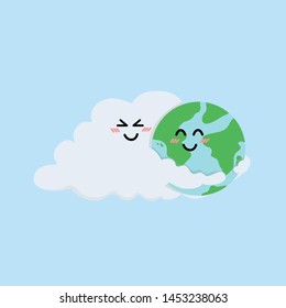 Cartoon clouds and the earth hug together concept.