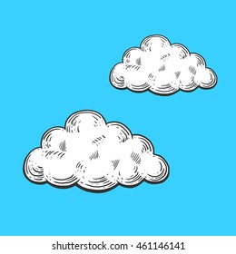 Nubes de dibujos grabando ilustración vectorial. Imitación del estilo de pizarra. Imagen dibujada a mano.