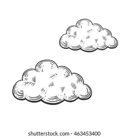 Cartoon clouds engraving vector illustration. Scratch board style imitation. Hand drawn image.