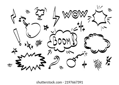 Cartoon clouds and explosions set for comics, Speech bubbles. Thinking and speaking clouds with doodle vector set