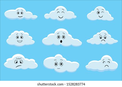 Cartoon clouds with faces and emotions isolated on blue background. Vector illustration.
