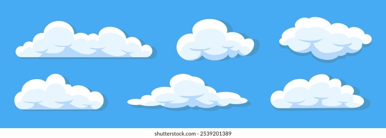 Nubes de dibujos animados en diseño plano. Nubes blancas esponjosas en el cielo azul. Cielo de día nublado. 