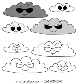 Cartoon clouds in glasses: transparent, white and gray. Isolated. Vector graphics.