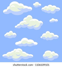 Cartoon clouds isolated on blue sky vector set. Fluffy clouds flat style.