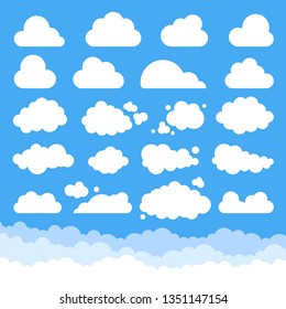 Cartoon clouds isolated on blue sky panorama vector collection. Cloudscape in blue sky, white cloud illustration