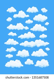 Nubes de dibujos animados aisladas en fondo azul. Cumulus y peluche en el cielo azul. Dibujo hecho a mano. Ilustraciones vectoriales 2d de paisajes nubosos.