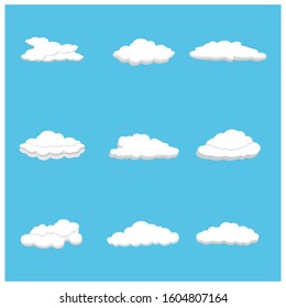 Cartoon clouds isolated on blue sky panorama vector collection. Cloudscape in blue sky, white cloud illustration