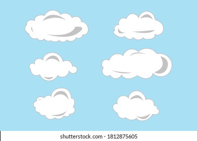 Cartoon Wolken einzeln auf blauem Himmel Panorama Vektorgrafik. Wolkenbild auf blauem Himmel, weiße Wolkengrafik
