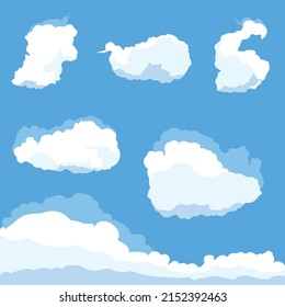 Cartoon clouds isolated on blue sky panorama vector collection. Cloudscape in blue sky, white cloud illustration