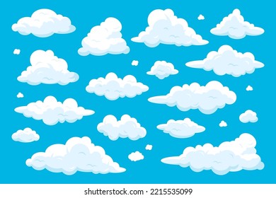 Nubes de dibujos animados aisladas sobre el cielo azul. Paisaje nublado en cielo azul. Colección de iconos de elementos nublados. Ilustración vectorial plana