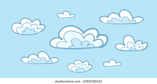 Cartoon clouds isolated on blue sky panorama vector collection. Cloudscape in blue sky, white cloud illustration