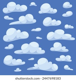 Cartoon clouds isolated on blue sky panorama vector collection. Cloudscape in blue sky, white cloud illustration