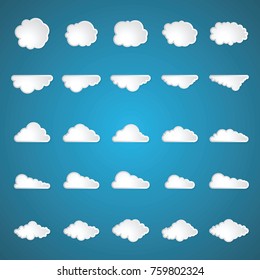 Cartoon clouds isolated on blue sky vector set. Cloudscape in blue background, white cloud illustration