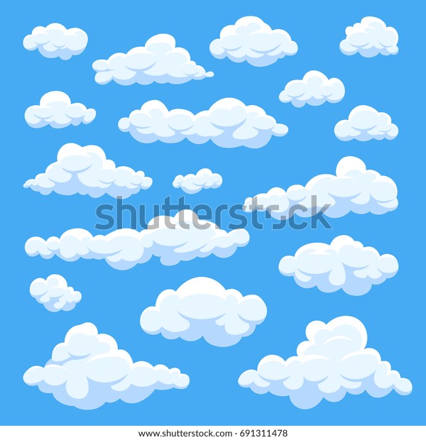 Cartoon clouds\
isolated on blue sky panorama vector collection. Cloudscape in blue\
sky, white cloud\
illustration