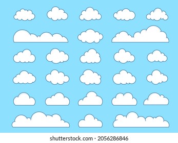 Nubes de dibujos animados aisladas con contorno sobre un fondo azul. La forma libre y muchas nubes de forma son perfectas para el logotipo y los iconos de la decoración. Ilustración del vector