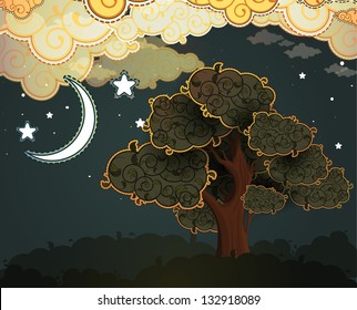 Nuages de dessins animés, lune et arbre