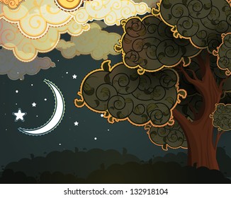 Cartoon clouds, moon and tree